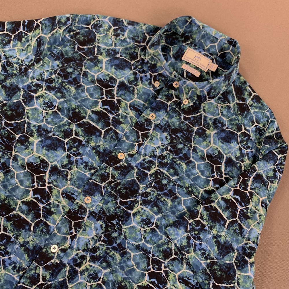 Southern Tide Shirt Mens Large Blue Green Intercoastal Short Sleeve Button Down